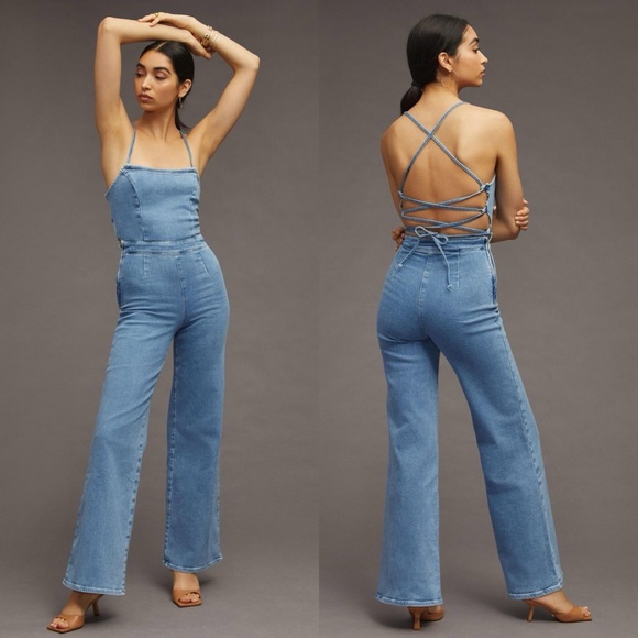 Good American Pants - NWT Good American Vacay Palazzo Denim Jumpsuit Criss Cross Back Overalls